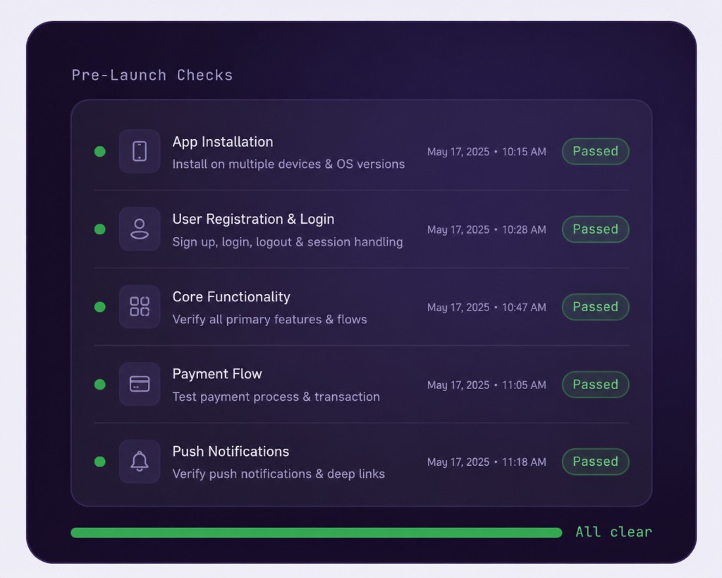 Pre-launch checks dashboard showing all tests passed